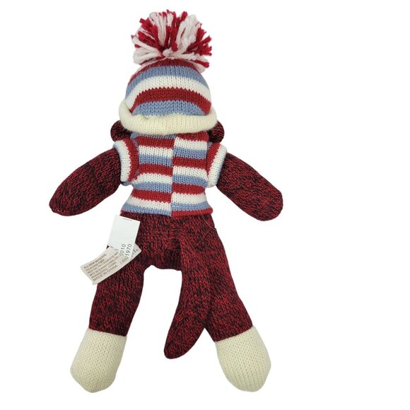 Retro Red Knit Cute Sock Monkey Toy Stripe Sweater DanDee Pom Pom Hat Plush Kids - Picture 2 of 9